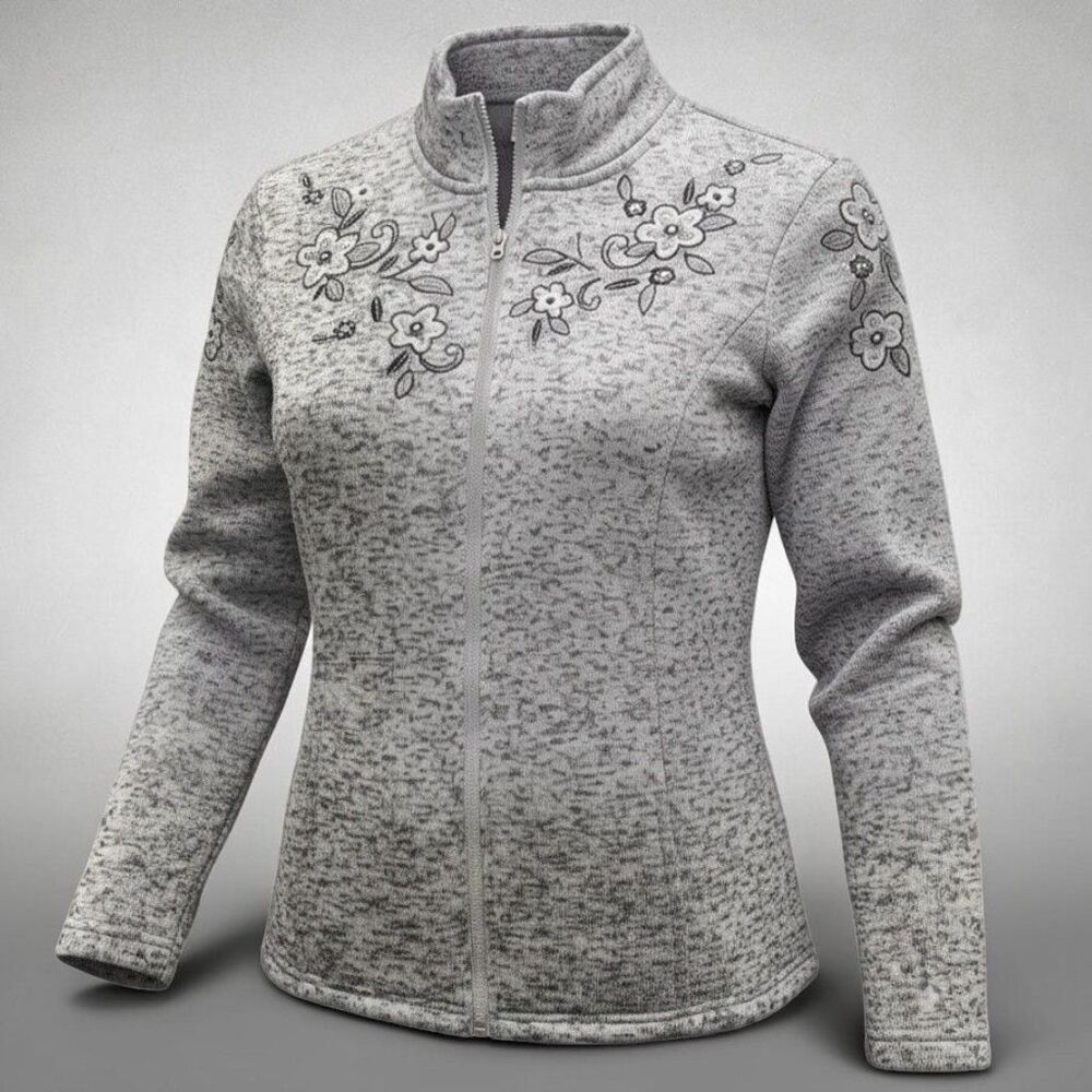 Alfred Dunner Heather Gray Fleece Jacket Womens Large Floral Studs Grandmacore